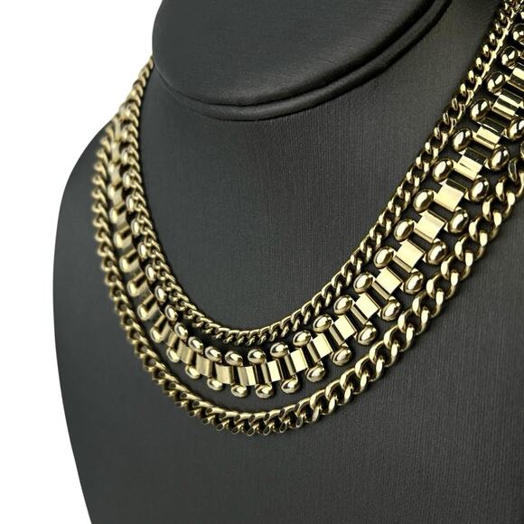 Vintage Coro Signed Necklace Three Strand Choker Gold Tone Center Book Chain 14” - Picture 1 of 8